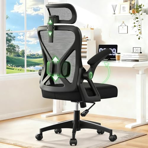 YONISEE Silla de Oficina Ergonómica con Soporte Lumbar Acolchado y Reposabrazos Abatibles. Silla de Computadora con Respaldo Alto y Reposacabezas Ajustable para Trabajar, Estudiar y Jugar