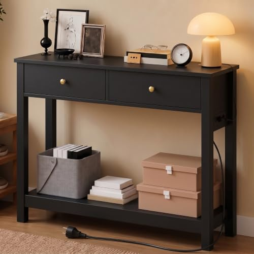 Xbro Schmaler Konsolentisch mit Steckdosenleiste, Flurtisch mit 2 Schubladen und Ablage, Beistelltisch mit USB-Anschlüssen, Sofatisch für Flur, Wohnzimmer, Küche, 100 x 30 x 80 cm, Schwarz