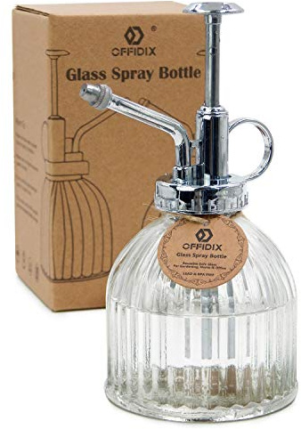 OFFIDIX Transparente Glas-Bewsserungs-Spray-Flasche, 6,5 Tall Vintage Style Spritzer mit Bronze-Kunststoff-Top-Pumpe One Hand Spritzflasche | Pumpe, bronzefarben, Kunststoff, silberfarben, klein, 16,5 cm hoch, 7,6 cm Durchmesser, 200 ml