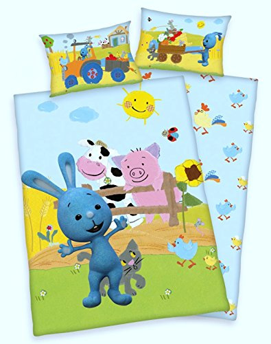 Arle-Living 3 TLG. Baby Bettwäsche Set mit Wende Motiv: Kikaninchen Bauernhof - Renforcé 100x135 cm + 40x60 cm + 1 Spannbettlaken 70x140 cm (mit Laken: gelb)