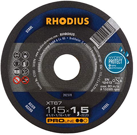 RHODIUS Disco de corte extrafino de acero XT67, fabricado en Alemania, diámetro 115 x 1,5 mm, para amoladora angular, 10 unidades