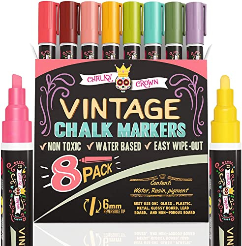 Liquid Chalk Markers - Dry Erase Marker Pens - Chalk Markers for Chalkboards, Signs, Windows, Blackboard, Glass - Reversible Tip (8 Pack) (Vintage, 6mm)
