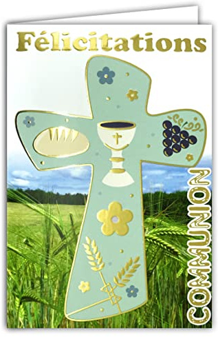 68-1205 Carte Félicitations Communion Dorure Or Croix épis Champ Blé Pain Vin Raisin Fleurs Parrain Marraine église Chrétien Catholique Religion Fabriqué en France 68-1205