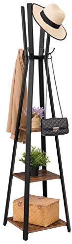 HOOBRO Coat Stand, Sturdy Coat Rack with 3 Shelves, Free Standing, Ladder Shelf with Hooks for Hats, Bags, Scarves and Clothes, Steel Frame, Industrial Style, Rustic Brown EBF82YM01