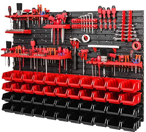 Werkzeugwand Lagersystem Stapelboxen - Wandregal mit 44 Stück Stapelboxen und Werkzeughalter - Werkstattregal Schüttenregal Wandplatten