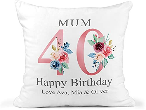 40th Birthday Gift for Women, Personalised Cushion/Pillow for Mum with Kids Names, Floral Design, Great Birthday Gift for Mum, 1981