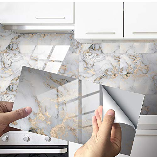 Hiser Adesivi per Piastrelle Marmo, Impermeabile a prova di olio PVC Autoadesivo Decorazione, Facili da Staccare e Applicare Adesivi Pavimento per Bagno Cucina Parete, 30x15cm (d'oro,16 Pezzi)