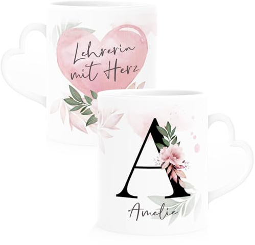SpecialMe® Kaffee-Tasse mit Name Spruch Herz-Henkel Initiale Monogramm Dankeschön personalisierte Geschenke Weiss Herz-Tasse
