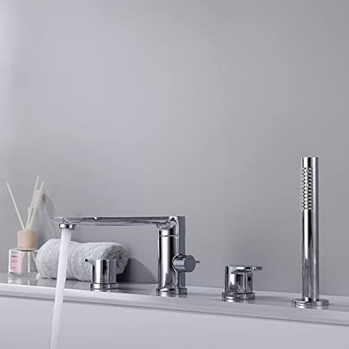 Badewannenarmaturen 4 Loch Wannenarmatur mit Handbrause Chrom Wannenrandarmatur 4 Loch Drehbarer Badewannenauslauf Badarmatur Badewanne Mischbatterie Badewanne mit Brause,A