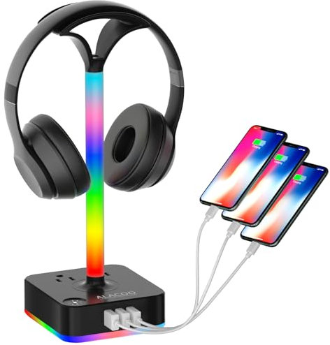 RGB Headphone Stand with 3USB Charging Port and 2 Prong AC Outlet Power Strips, Desk Gaming Headset Holder Hanger with 8 Light Modes Non-Slip Rubber Base for Table PC Gaming All Earphone Accessories