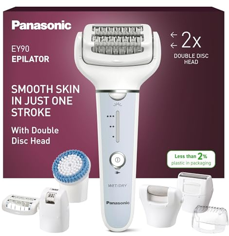 Panasonic ES-EY90-A503 Våt-/torrepilator, Dual Disc med 60 pincetter, 90° svängbart huvud, 3 hastigheter, LED-ljus, 30 min. drift, trådlös hårborttagare med sax- och fotvårdshuvud