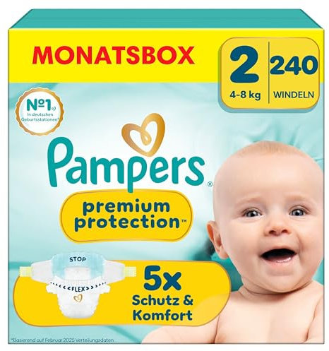 Pampers Premium Protection, Taille 2, 240 Couches, 4-8kg, Double Protection pour la peau et contre les fuites Avec Poche Stop & Protect pour aider à capturer les Fuites, Pack 1 Mois
