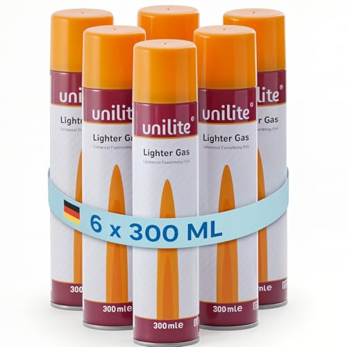 UNILITE Butan Feuerzeuggas 6x300 ml – Nachfüllgas mit 6 Adaptern | Gaskartuschen zum Nachfüllen von Gasfeuerzeug, Küchenbrenner, Flambierbrenner, Stabfeuerzeug & Sturmfeuerzeug