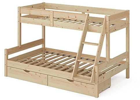 VitaliSpa Etagenbett Everest, Naturholz, 120x200 / 80x200 cm | mit Schubladen, mit integrierter Treppe und stabilem Lattenrostsystem