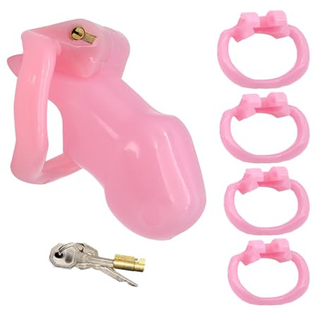 Male Chastity Device Cock Cage Sex Toys for Man, Lightweight Chastity Cage Resin Penis Lock with 4 Different Sizes Ring for Beginner Prevent Erection Adult Abstinence Bondage Toy, Couple Gifts (Pink)