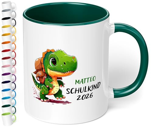 Geschenk zur Einschulung für Jungen: T-Rex Kinder-Tasse „Schulkind 2026“ - mit DINO-Motiv - personalisiert mit Namen Erstklässler - kleines Geschenk für Schüler 1. Klasse, Dunkelgrün