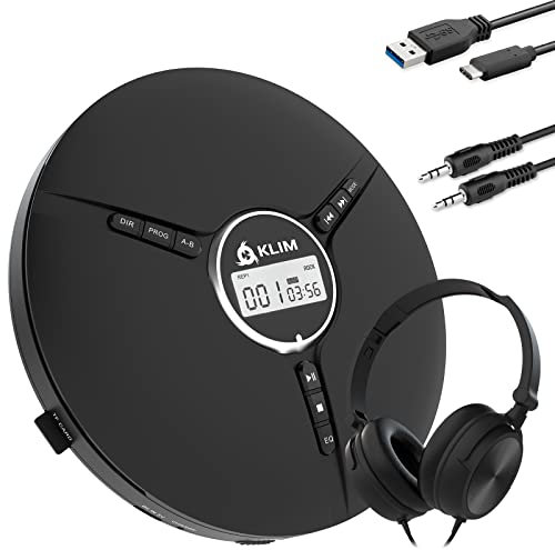 KLIM Discman mit Kopfhörer - Tragbarer CD-Player mit Kopfhörer - mit eingebautem Akku - Kompakter Mini CD Player, kompatibel mit CD-R, CD-RW und MP3 - Schwarz (Generalüberholt)