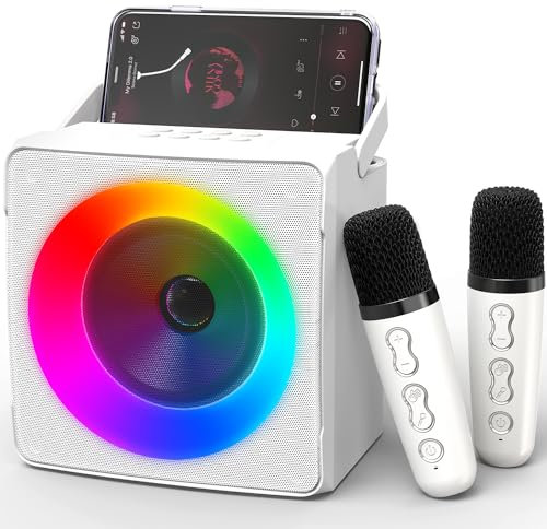 Ankuka Tragbarer Karaoke Maschine, Bluetooth Lautsprecher für Kinder mit 2 kabellosen Mikrofonen, Dynamischen Lichtern, Geschenk für Mädchen(Weiß)