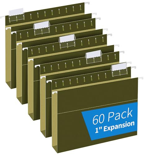 Extra Capacity Hanging File Folders, RAZCC 60 Pack Letter Size Reinforced Hanging Folders with Heavy Duty 1 Inch Expansion for Bulky Files, Filing Cabinet, Adjustable Tabs, Green