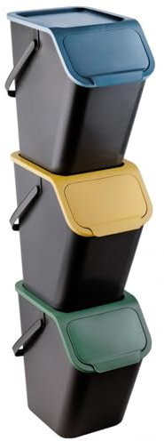 Practic Bini Lot de 3 poubelles, empilables, avec couvercle avec système de clic, système de tri sélectif des déchets de cuisine, 3 x 25 l