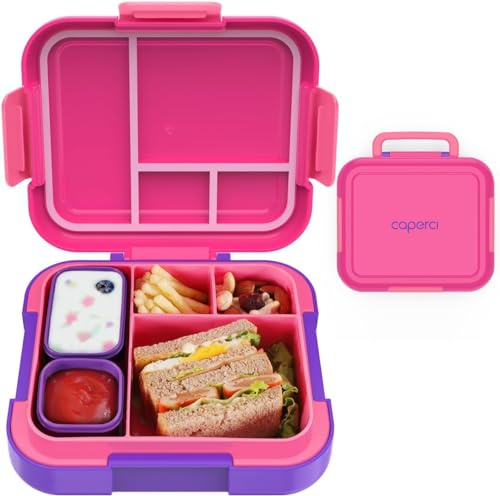 CAPERCI Lonchera Bento para niños con asa portátil, 4 compartimentos grandes, 2 cajas de salsa, contenedor de almuerzo para niños, trabajo escolar, apto para microondas y lavavajillas (fucsia/morado)