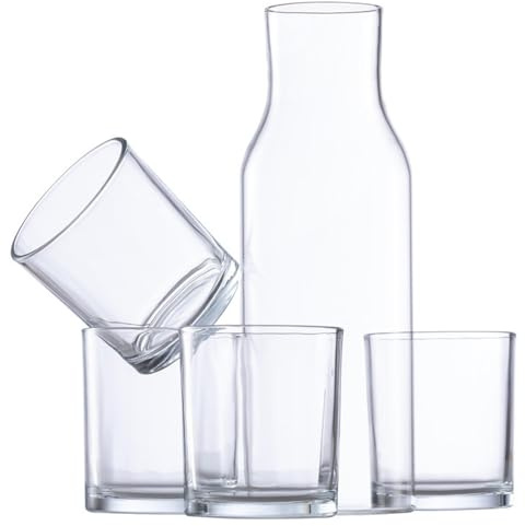 Glaskaraffe Wasserkaraffe 1,35 Liter für Saft Wasser Limonade mit 4 Gläsern 320 mL klares Design Spülmaschinenfest für Sommer Nachttisch Esstisch