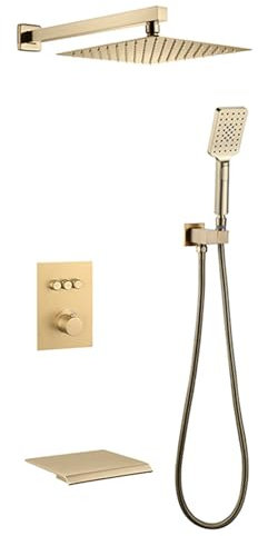 XJTNLB Miscelatore 3 Vie Termostatico Doccia Incasso Set Doccia Incasso Cascata Rubinetto Della Vasca Soffione Doccia con Tubo,Oro Spazzolato
