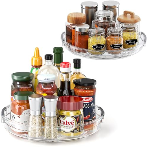 LAMU 2 Pack Lazy Susan Turntable Organiser for Cupboard, 23CM+27CM Rotating Spices Rack, Condiment Organiser for Fridge, Kitchen Pantry, Medicine Cabinet Organiser, Bathroom, Clear