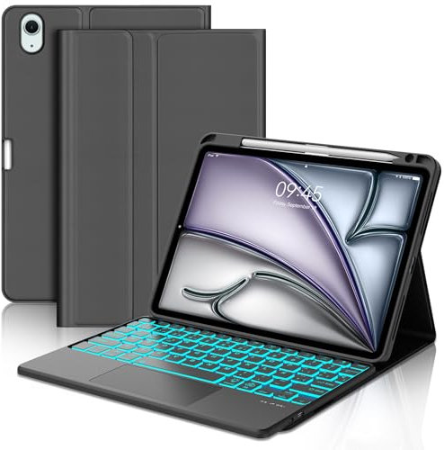 Funda Teclado con Trackpad para iPad Air 11 Pulgadas(M3 2025, M2 2024), Teclado Bluetooth Desmontable con Retroiluminación de 7 Colores y Funda Protectora para iPad Air 10.9 Pulgadas(5ª/4ª Gen), Negro