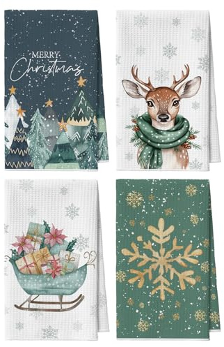 Artoid Mode Bäume Rentier Schlitten Schneeflocken Frohe Bar Weihnachten Küchentücher Geschirrtücher, 42x65 cm Mikrofaser Saugfähig Küchen Deko 4er Set