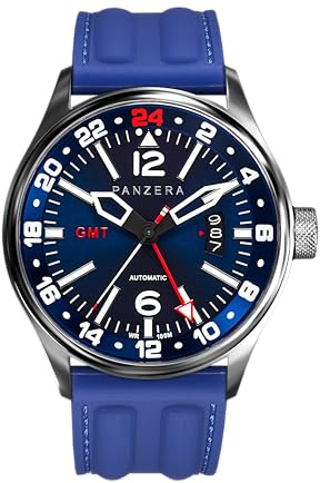 Panzera Flieger 45G Mechanische Automatikuhr Stahl Blau Silikon Saphir Datum Herrenuhr, Schwarz , Armband