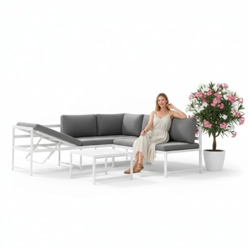 Mucola Gartenmöbel Set Ecklounge Rückenlehne verstellbar Aluminium Weiß | Elemente variabel aufstellbar, Liegefunktion, rostfrei, extra dicke wasserabweisende Sitzkissen, UV-beständig, Outdoor