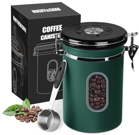 ROCKY&CHAO Kaffeedose Luftdicht aus Edelstahl 1,8L Kaffeebhnen Behälter mit Sichtfenster an der Seite Vorratsdose für 600g Tee Nüsse Kakao Länger und Frisch Bleiben (Grün)