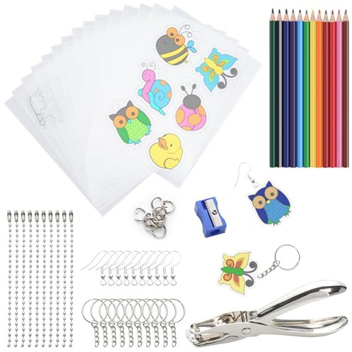 Sinofort 160Stück Schrumpffolie Set, Schrumpffolie zum Basteln mit 15 Schrumpffolie, Schlüsselbundzubehör, Buntstifte, Locher für DIY Handwerk