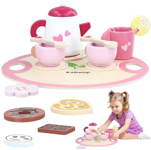 Wooden Tea Set for Toddler, 19Pcs Kids Tea Sets, Tea Party Set for Children, Pretend Role Play Kitchen Accessories Toys Food Dessert Tray for 3-5 Years Old Girls Boys