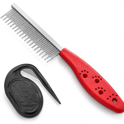 Xiciki Peigne Anti Poux, Peigne pour Chien, Pet Knotting Comb, Brosse Chat Poil Long avec Prise Ergonomique, Brosse Chien en Acier Inoxydable pour Enlever Les Poils Noués ou Morts