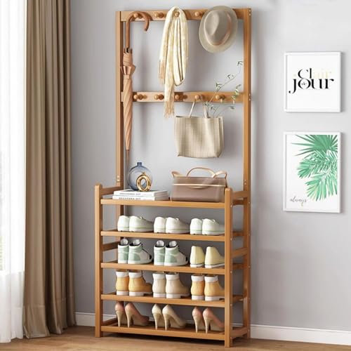 MZBDYYF Porte-Manteau avec Porte-Chaussures À 5 Niveaux et 10 Crochets - Banc Porte-Chaussures d'Entrée 3 en 1 - Étagères Porte-Manteau en Bois - Idéal pour l'Entrée, le Couloir ou la Chambre