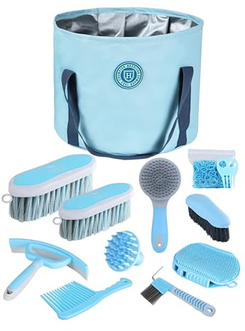 Harrison Howard Kit per la toelettatura dei cavalli, 9 pezzi, serie Equine Care, set di spazzole per cavalli con borsa organizer morbida blu