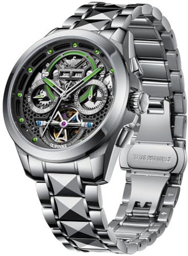 OUPINKE Armbanduhr für Herren, automatische Armbanduhr, Saphirglas, Kalender, Skelett, leuchtendes 3D-Zifferblatt mit 5 ATM wasserdichtem Luxus-Wolframstahl-Armband, Grün , Modern
