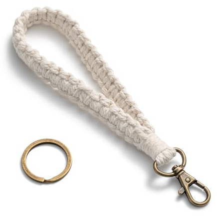 Schlüsselanhänger Schlüsselband Kurz Lanyard für Schlüssel Weiß | Baumwollschnur im Makramee-Stil mit Schlüsselring, Länge: 14 cm. Ideal zum Befestigen von USB Sticks Kleinen Zubehör