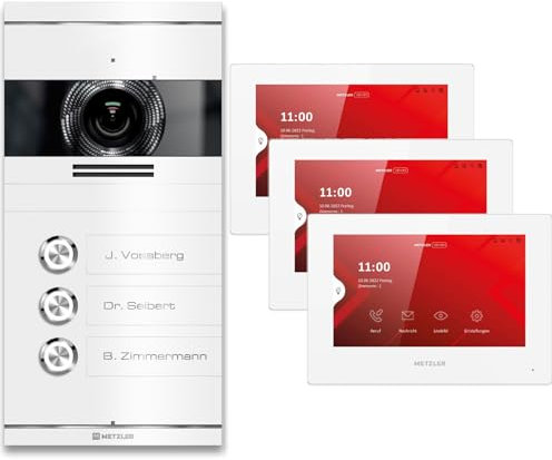 Metzler VDM10 Kit complet d'interphone vidéo 2.0 avec plaque nominative gravée au laser, connexion à 2 fils, avec caméra HD et écran pour 3 maisons familiales, blanc, en acier inoxydable V2A