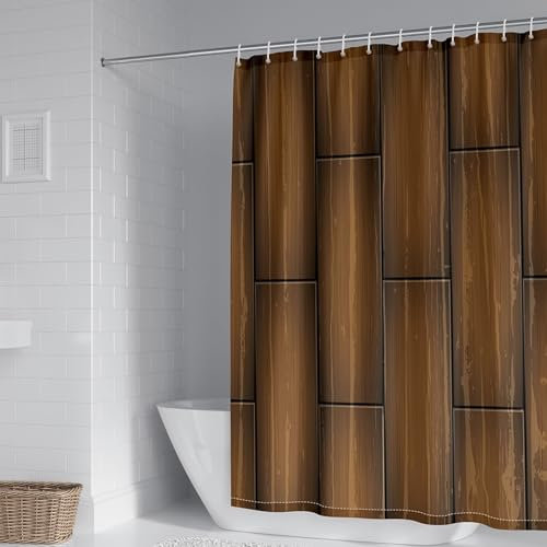 AMDXD Duschvorhang Eckdusche 165x200cm, Polyester Badewannenvorhang Holzbrett Raster, Dusch Vorhang mit Duschvorhangringen, Braun