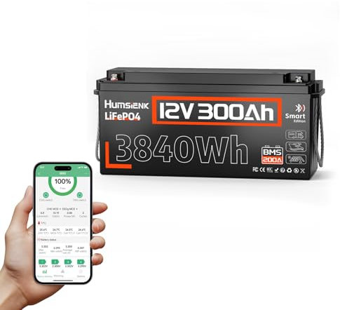 HumsiENK Lithium Battery 12V 300Ah Bluetooth LiFePO4 Batteries, Eingebautes 100A BMS, 15000 Deep Cycle Solarzellen, mit Niedertemperaturschutz für Wohnmobile, Boote, Trolling Motoren