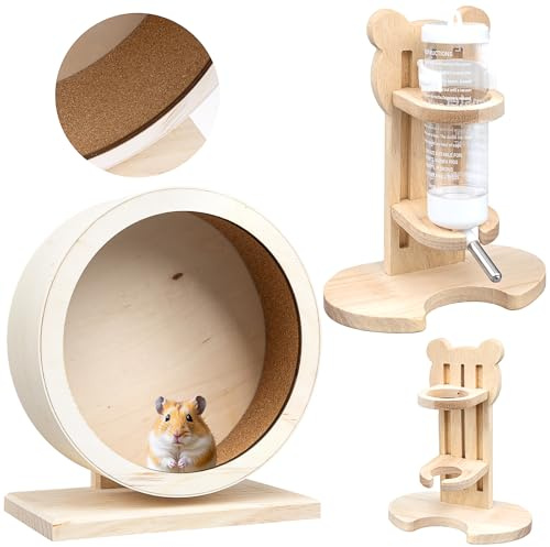 2 Pcs Wooden Hamster Wheel & Water Bottle Holder Set, Small Pets Silent Exercise with Water Bottle Stand, Running Spinner Wheel Play Toy for Syrian Hamsters Gerbils Rat Mice Dwarf Small Chinchilla