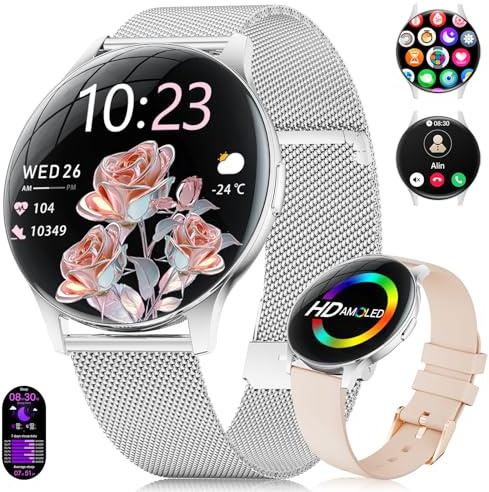 Smartwatch Damen 2026 mit Anrufen - 7,99 mm Ultra-Dünne Elegante Fitness Armbanduhr mit 1,43 Zoll HD Always-On Display, IP68 Wasserdicht, 100+ Sportmodi, Frauengesundheit für iOS Android, Silber