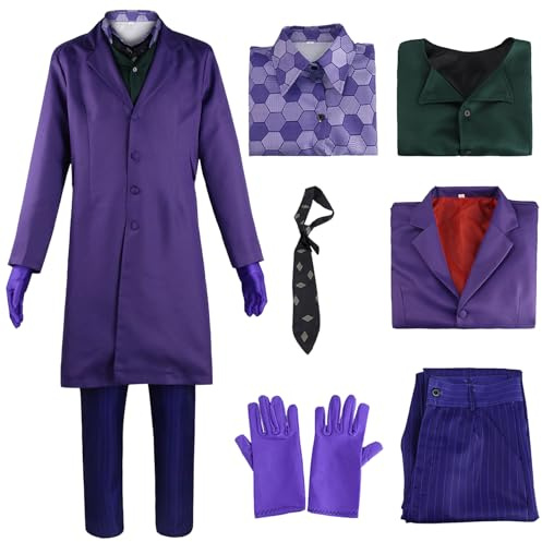 SERTAS Joker Kostüm, Horror Halloween kostüm Herren Joker Kostüm Deluxe Lila Mantel Weste Hose Krawatte Handschuhen Outfit