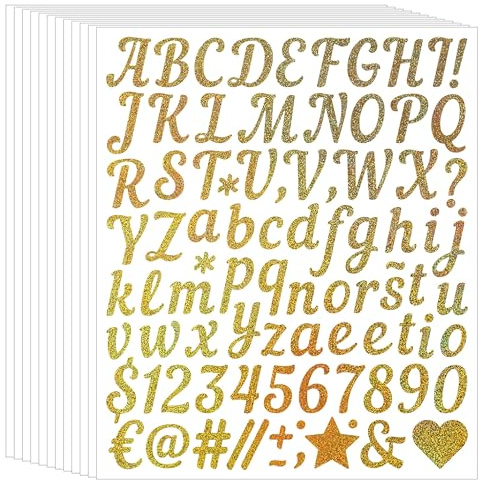 10 Blätter Goldene Glänzende Selbstklebende Buchstaben Aufkleber, Selbstklebend Wasserdichte Vinyl Sticker, DIY Klebebuchstaben, für Hochzeit Geburtstag Briefkasten DIY Scrapbooking