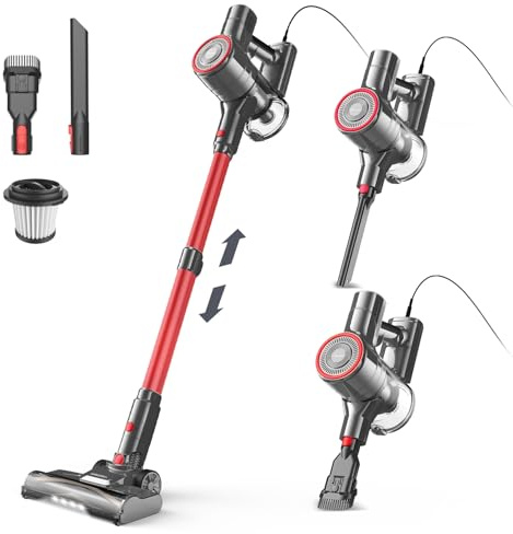 Staubsauger, 6-in-1 Stielstaubsauger & Handstaubsauger mit 6M Kabel, 23Kpa stark Saugkraft, 600W Motor, freistehender Staubsauger Beutellos Vacuum Cleaner für Harte Böden Teppich, klein leicht leiser