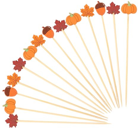 ENLACE 100 pinchos de cóctel para otoño, decoración de Acción de Gracias, hojas de arce, decoración para cócteles, 12,8 cm, palillos de madera, hojas de arce, brochetas para comida, pinchos de queso
