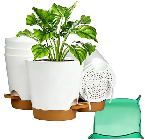 CNKHDZ 6 pack Självvattnande blomkruka 15.3cm+ hopfällbar planteringskruka, plastblomkruka med bevattningssystem, kruka för inomhus- och balkongväxter Vit